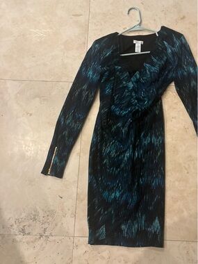Cache Black and Teal Long Sleeve Ruffle Front Dress